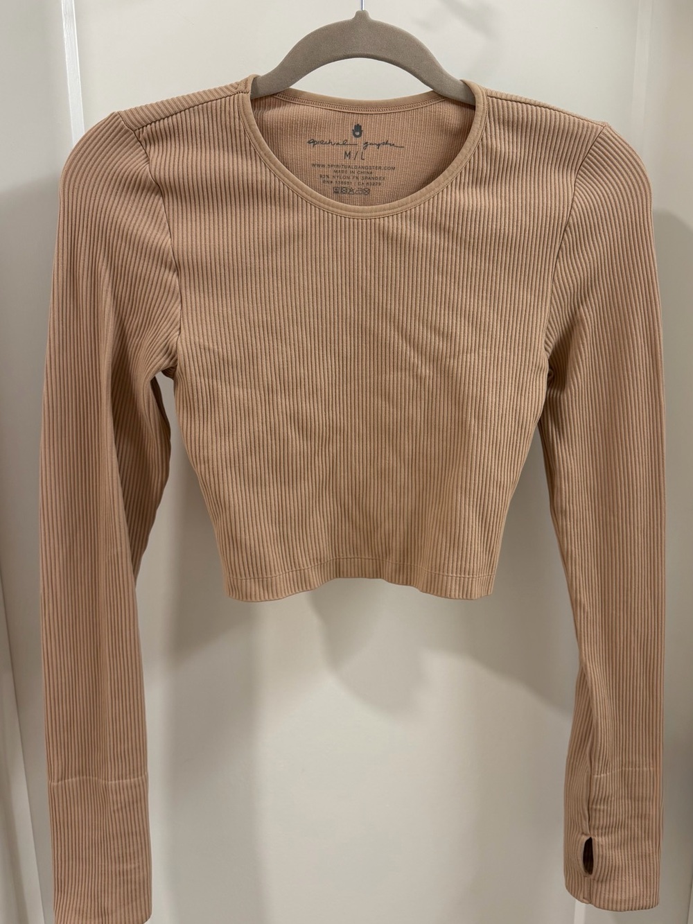Spiritual Gangster Twist Back Cutout Long Sleeve Top in Light Brown | Size M/L